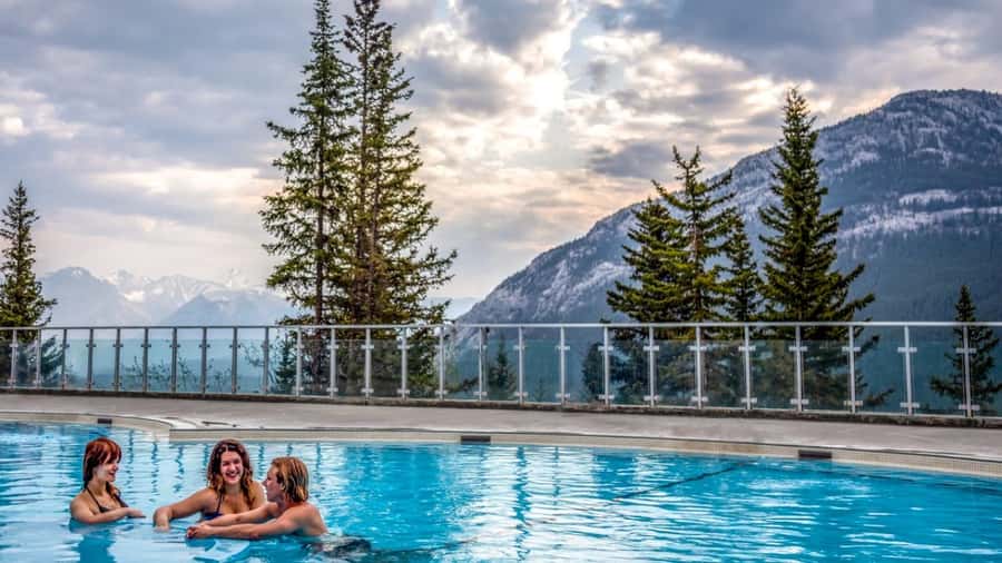 Banff: Gondola, Hot Springs, Bow falls & Three lakes tour - Banff Upper Hot Springs, with an important closure warning