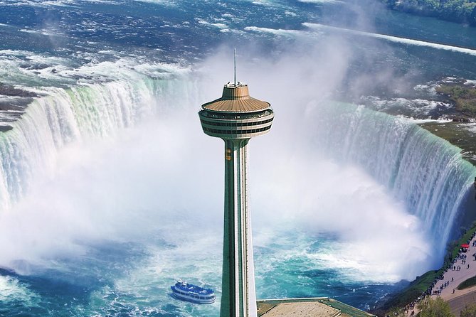Skylon Tower, Niagara Falls Ontario Observation Deck Admission - Daylight, colored falls, and fireworks