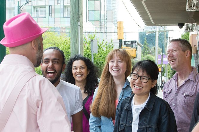 The Really Gay History Tour in Vancouver, Canada - Starting at 930 Burrard Street with the guide in pink